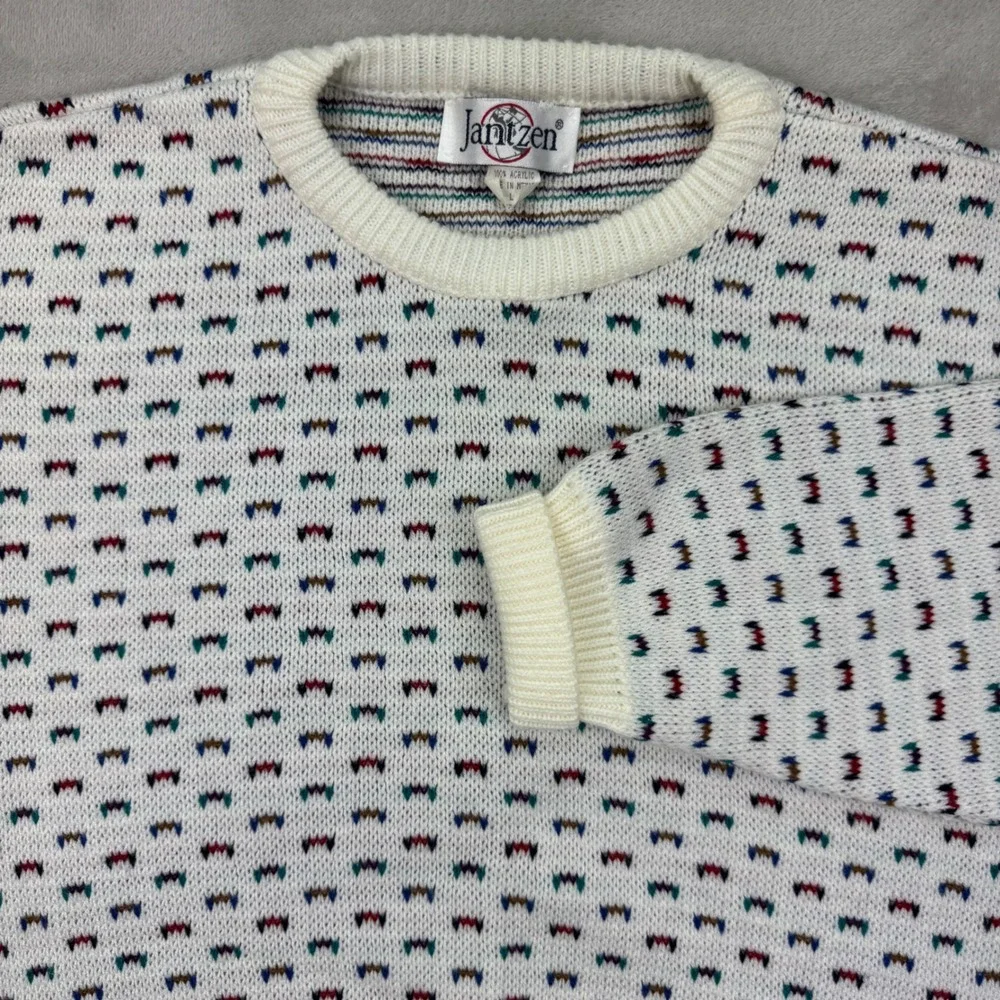 Vintage Jantzen Sweater Mens Large White Pattern‎ Crewneck Vintage 90s preppy